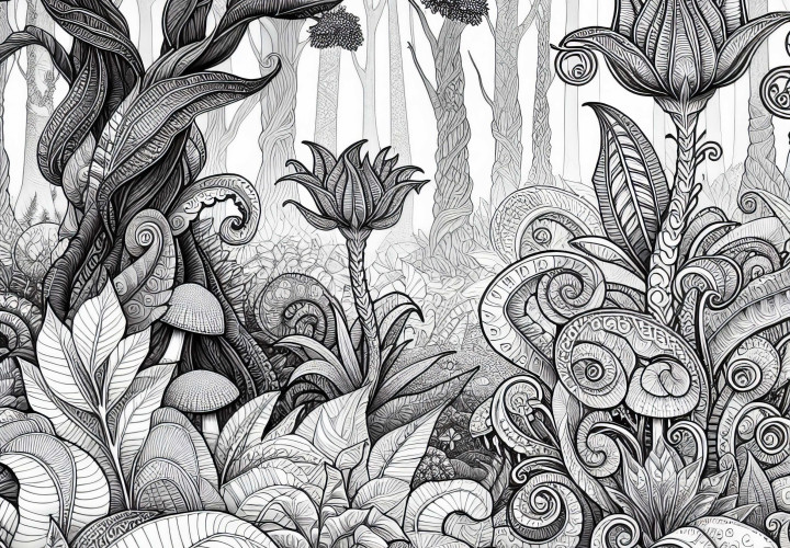 Forêt fantastique avec des plantes : image à colorier pour les filles à partir de douze ans, gratuite
