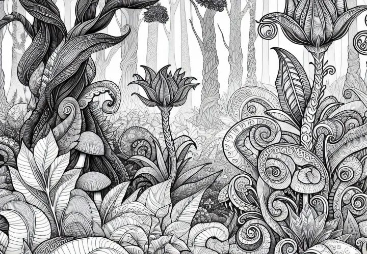 Forêt fantastique avec des plantes : image à colorier pour les filles à partir de douze ans, gratuite