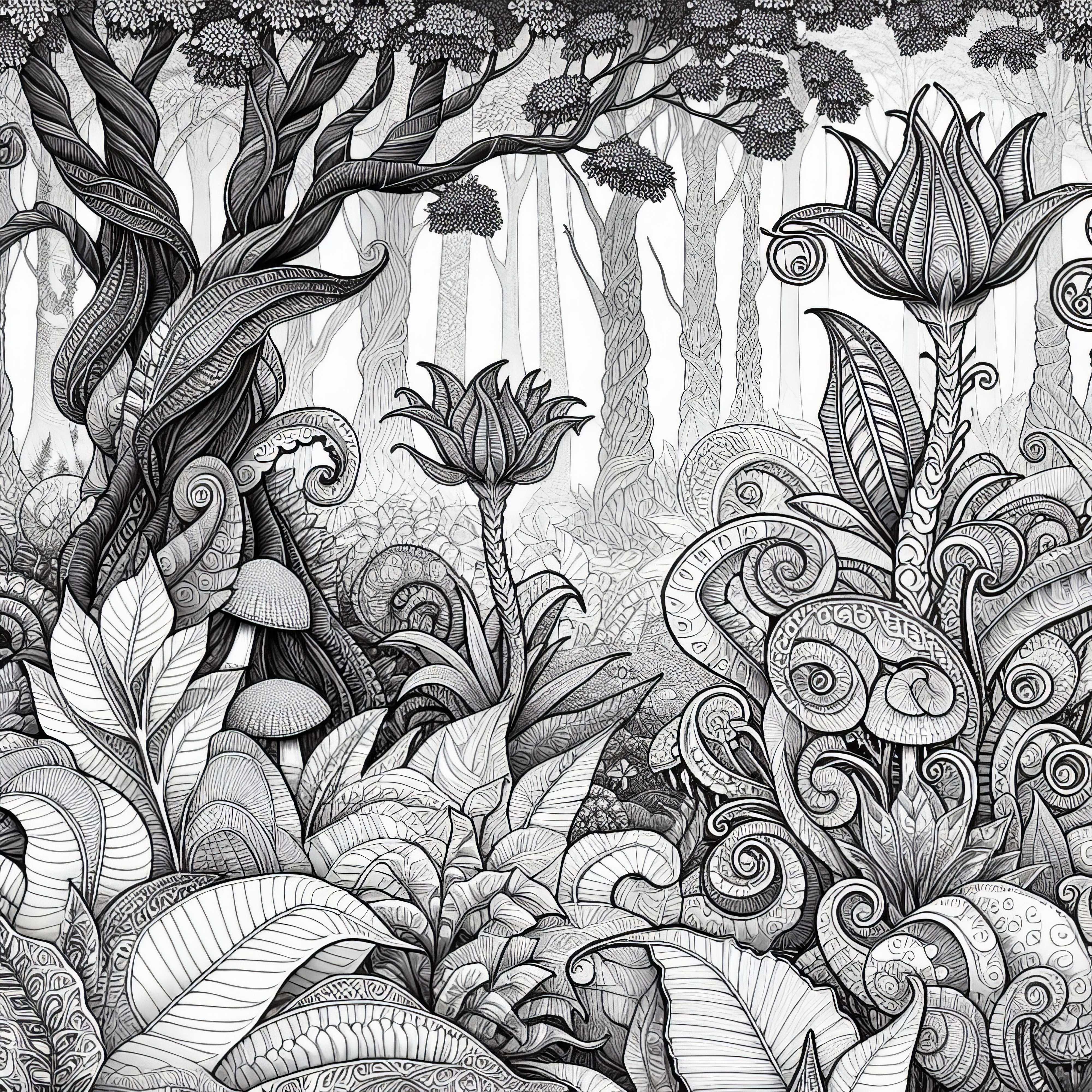 Forêt fantastique avec plantes : dessin à colorier gratuit pour les filles à partir de douze ans