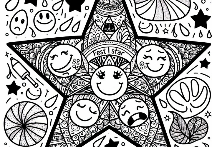 Dessin à colorier d'une étoile avec des smileys pour les filles à partir de douze ans, à télécharger gratuitement
