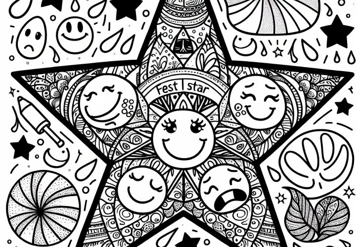 Dessin à colorier d'une étoile avec des smileys pour les filles à partir de douze ans, à télécharger gratuitement