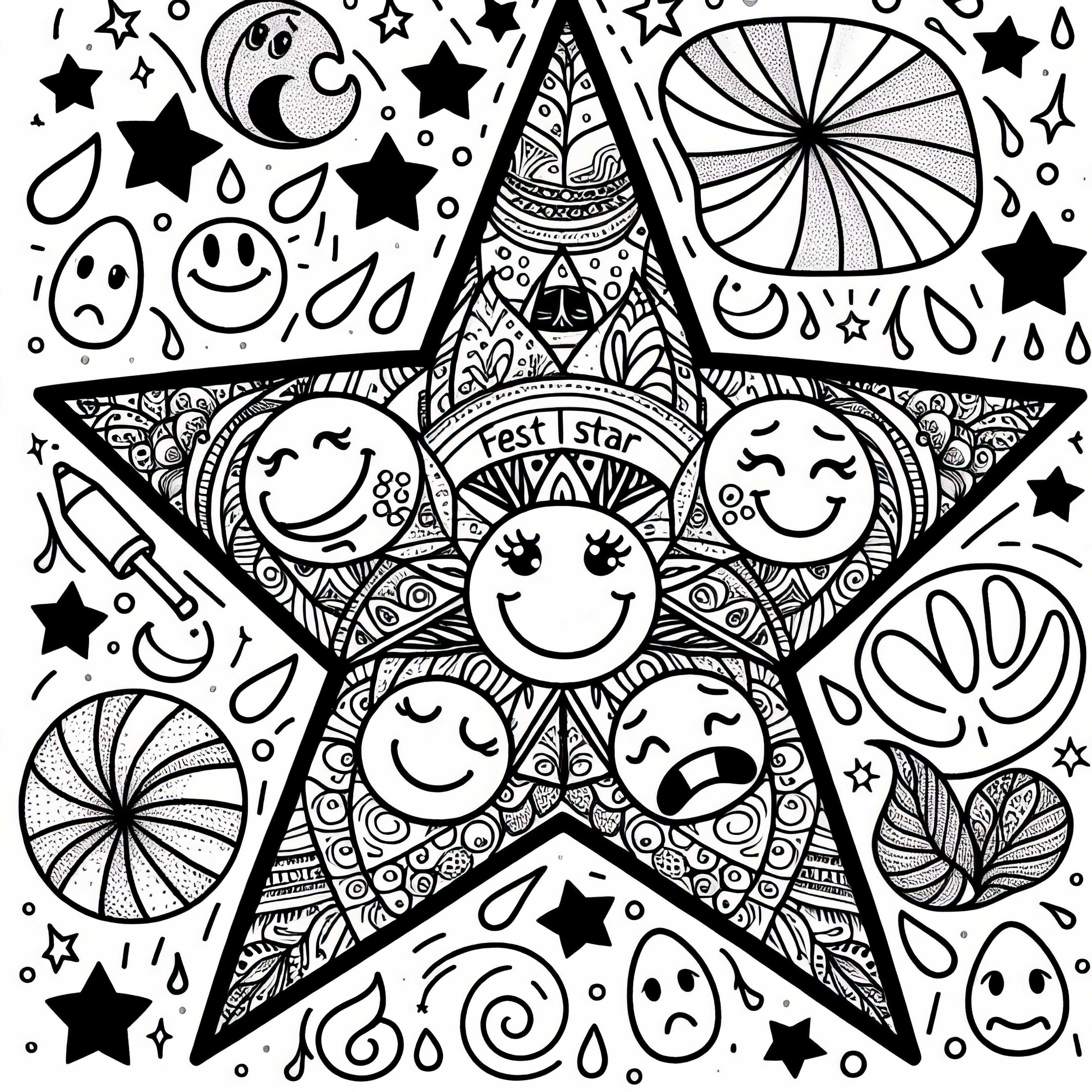 Image à colorier d'une étoile avec des smileys pour les filles à partir de douze ans à télécharger gratuitement