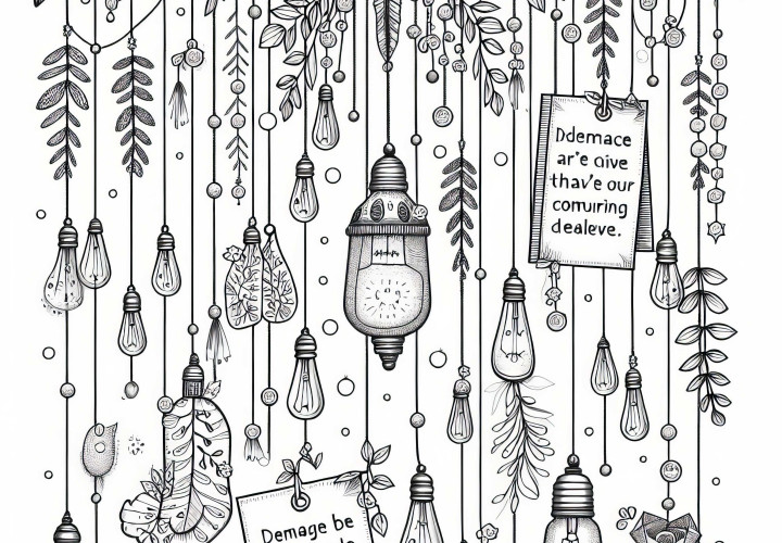 Mobile avec ampoules, citations et plantes - Dessin à colorier pour les filles de plus de douze ans, gratuit