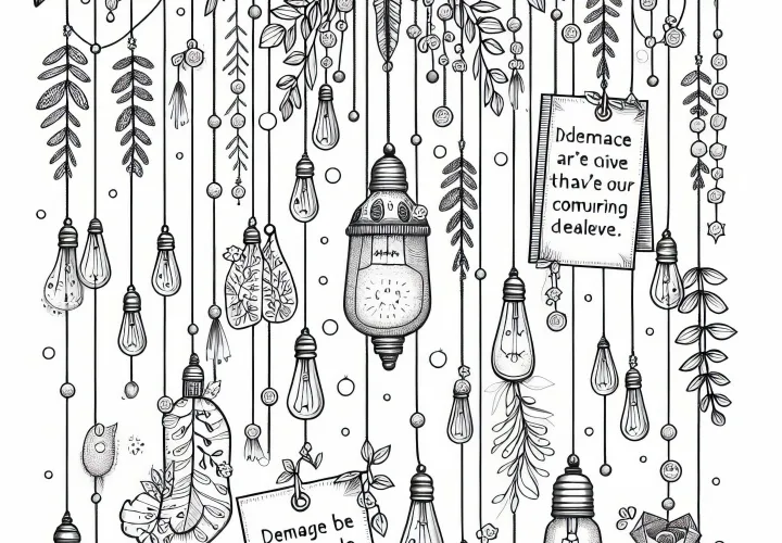Mobile avec ampoules, citations et plantes - Dessin à colorier pour les filles de plus de douze ans, gratuit