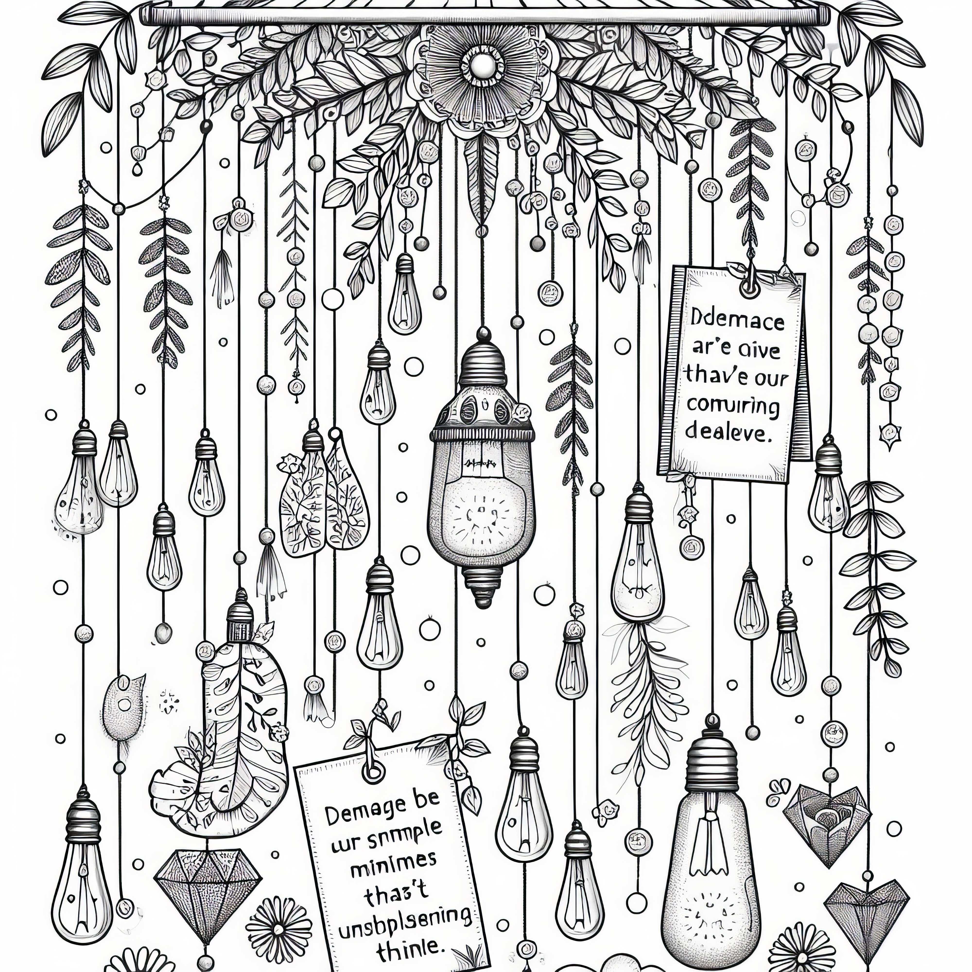 Mobile avec des ampoules, des phrases et des plantes - Image à colorier pour les filles à partir de douze ans, gratuit