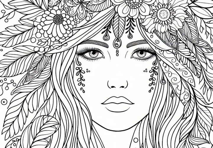 Visage en ligne avec ornement floral - modèle de coloriage gratuit pour les filles à partir de douze ans