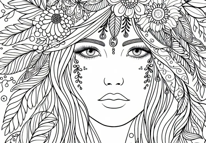 Visage en ligne avec ornement floral - modèle de coloriage gratuit pour les filles à partir de douze ans