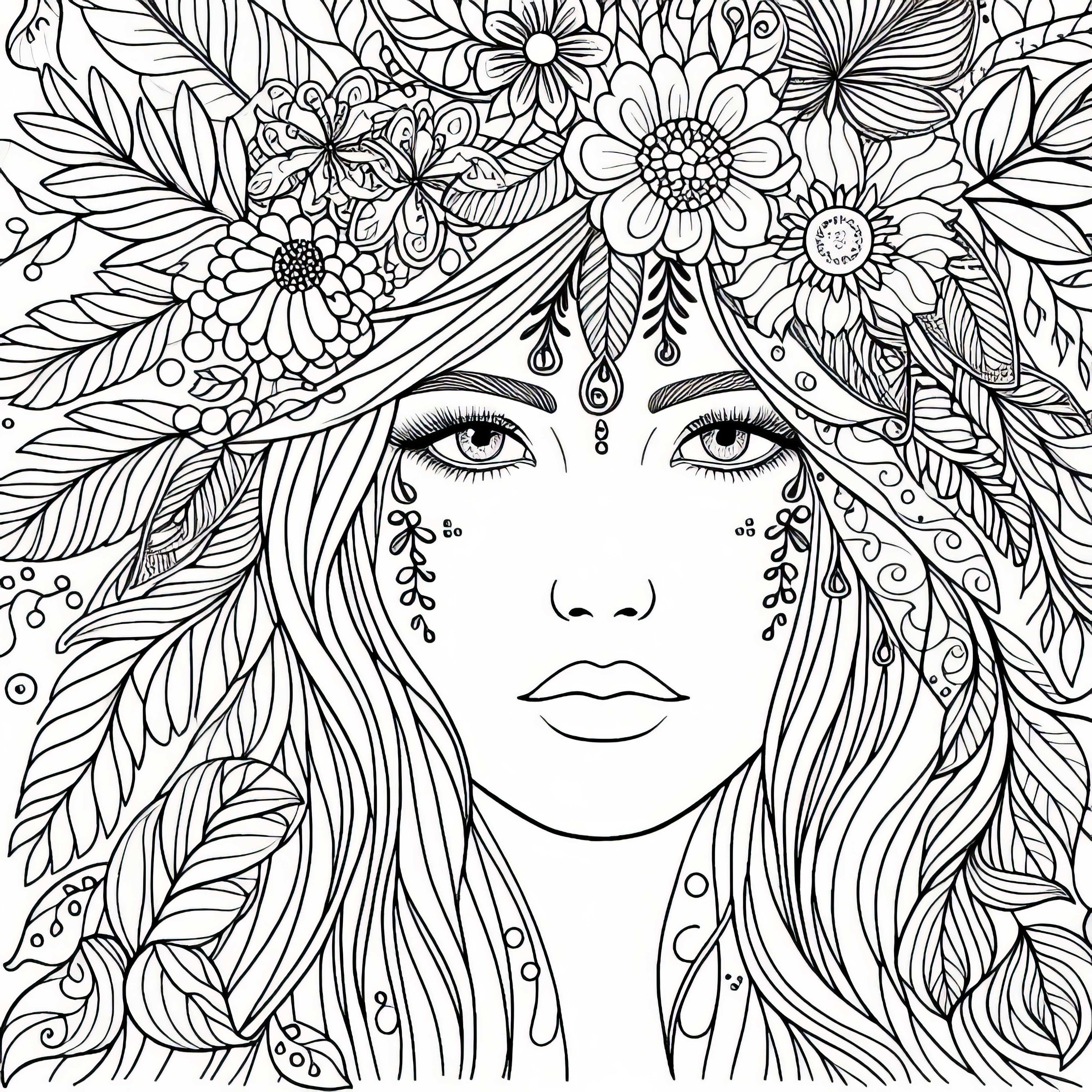 Visage en ligne claire avec décoration florale - modèle de coloriage gratuit pour les filles à partir de douze ans