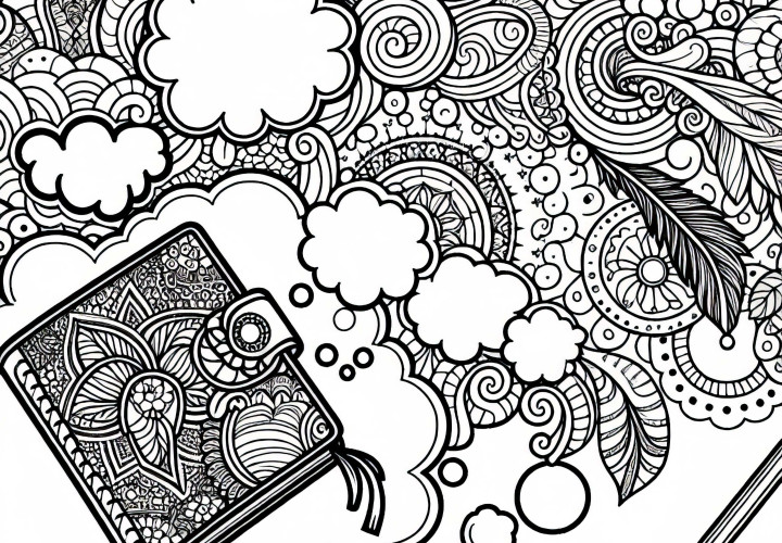 Journal de rêve avec des bulles de pensées - Page à colorier gratuite pour les filles à partir de douze ans Journal de rêves avec des bulles de pensées - Modèle à colorier pour les filles à partir de douze ans gratuit