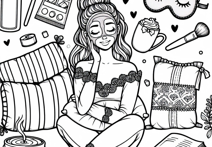 Image de autocare avec un masque, un coussin, un livre et une tasse - modèle à colorier pour les filles à partir de douze ans gratuit
