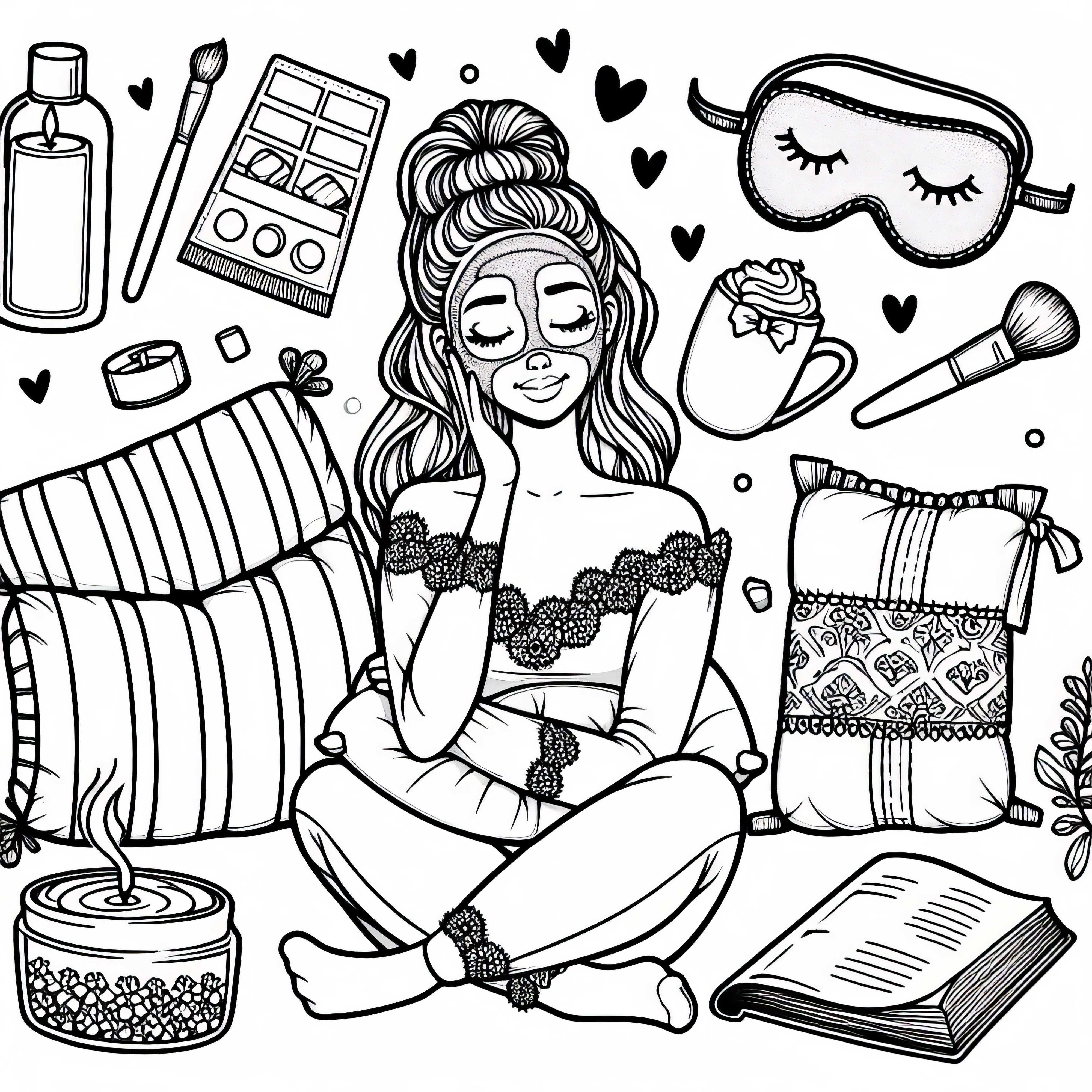 Image de soins personnels avec masque, coussin, livre et tasse - Modèle à colorier pour filles à partir de douze ans, gratuit