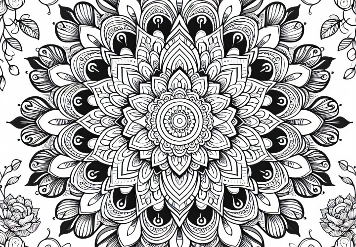 Mandala avec des motifs floraux - Dessin à colorier pour adultes gratuit