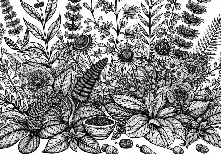 Dessin botanique d'un jardin d'herbes - Modèle à colorier pour adultes gratuit