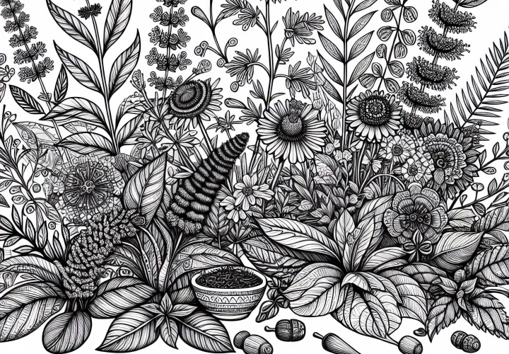 Dessin botanique d'un jardin d'herbes - Modèle à colorier pour adultes gratuit