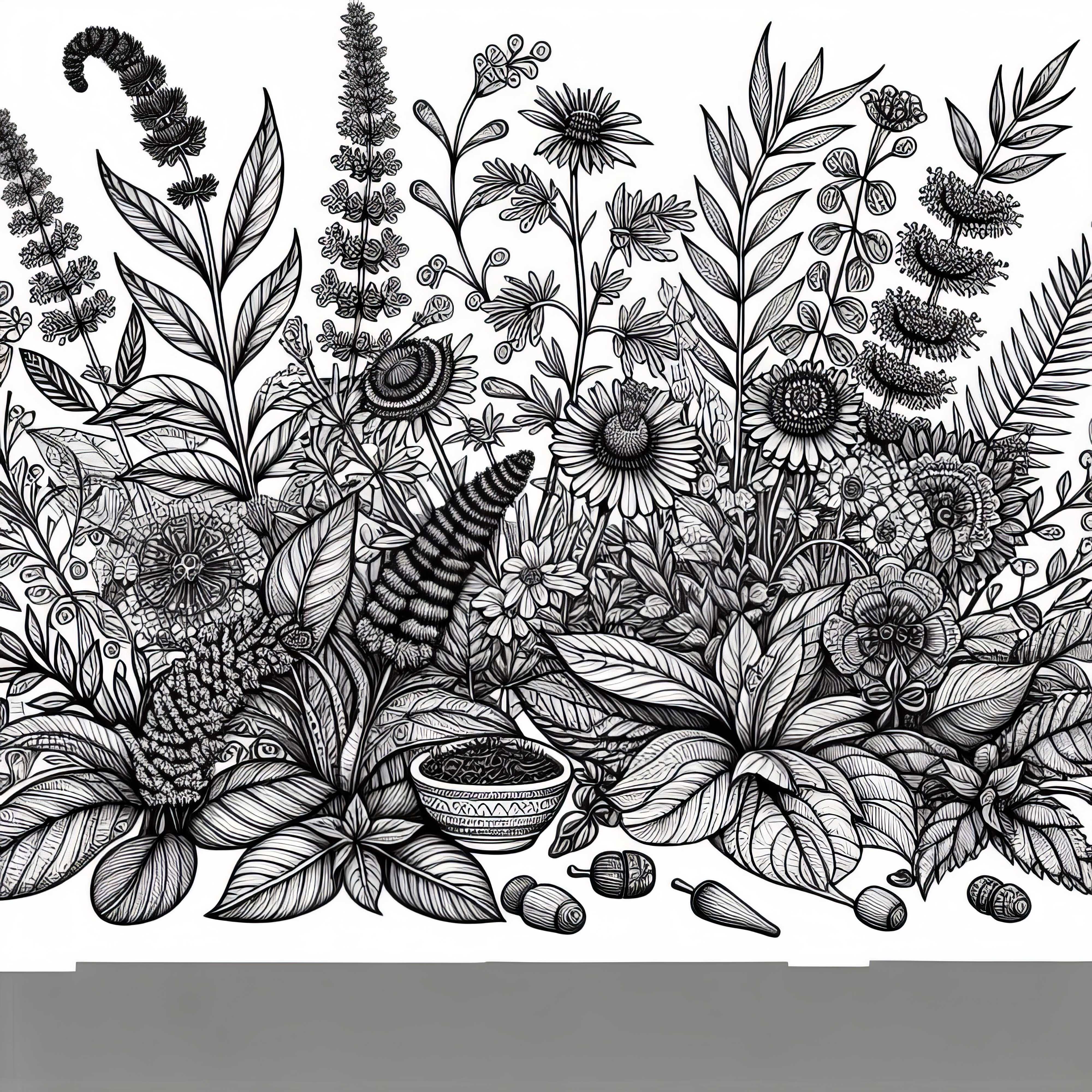 Dessin botanique d'un jardin d'herbes - coloriage gratuit pour adultes
