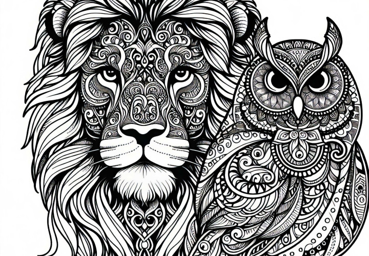 Portrait complexe d'un animal avec ornementation - Dessin à colorier de lion et de hibou pour adultes gratuit