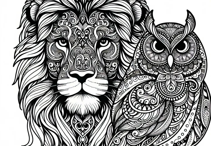 Portrait complexe d'un animal avec ornementation - Dessin à colorier de lion et de hibou pour adultes gratuit