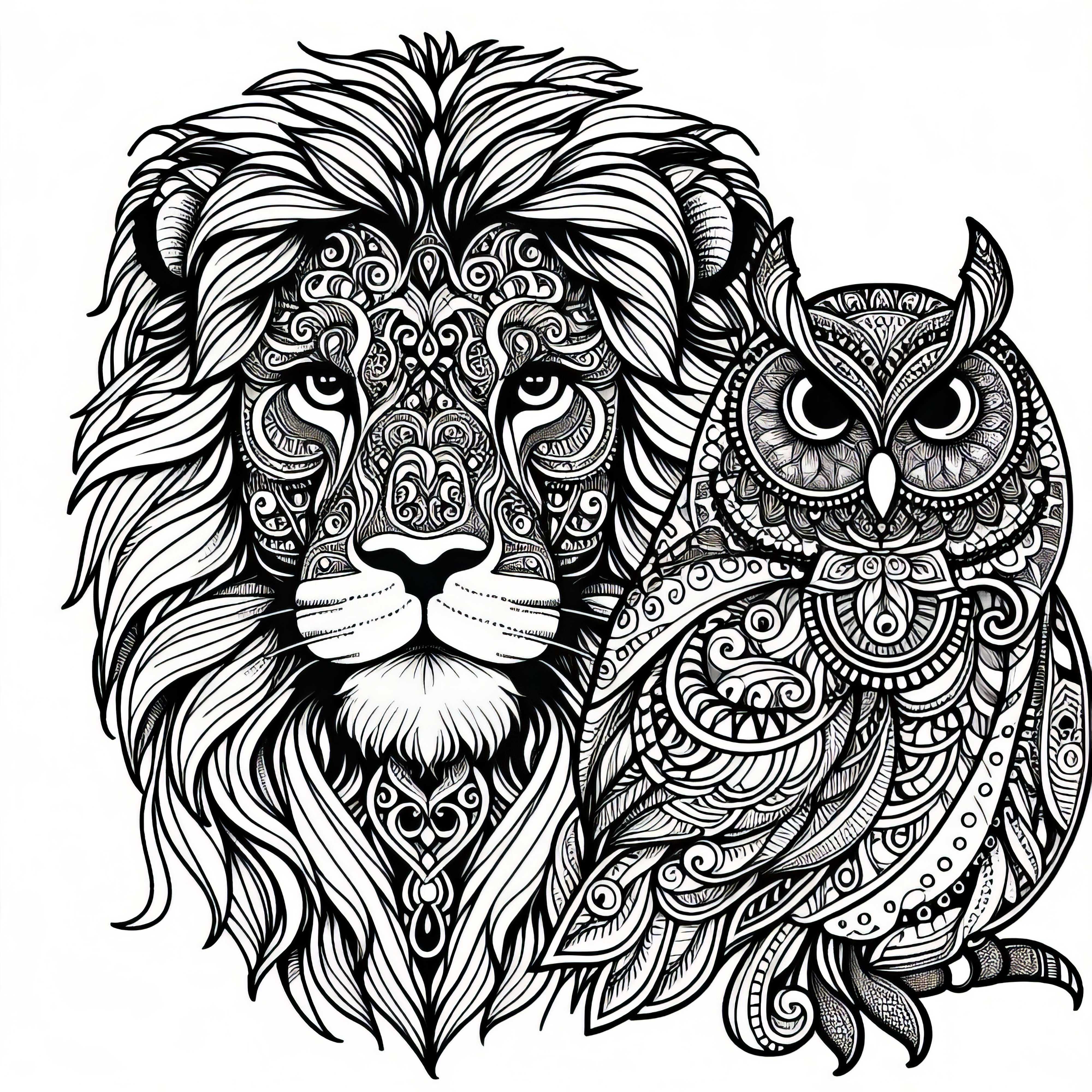 Portrait d'animal complexe avec décoration ornementale - Lion et hibou Image à colorier pour adultes Gratuit
