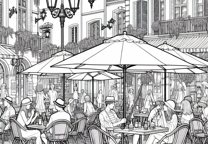 Croquis urbain d'un café de rue - Téléchargez gratuitement un modèle à colorier pour adultes