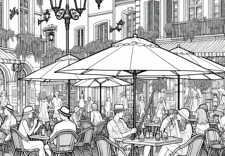 Croquis urbain d'un café de rue - Téléchargez gratuitement un modèle à colorier pour adultes