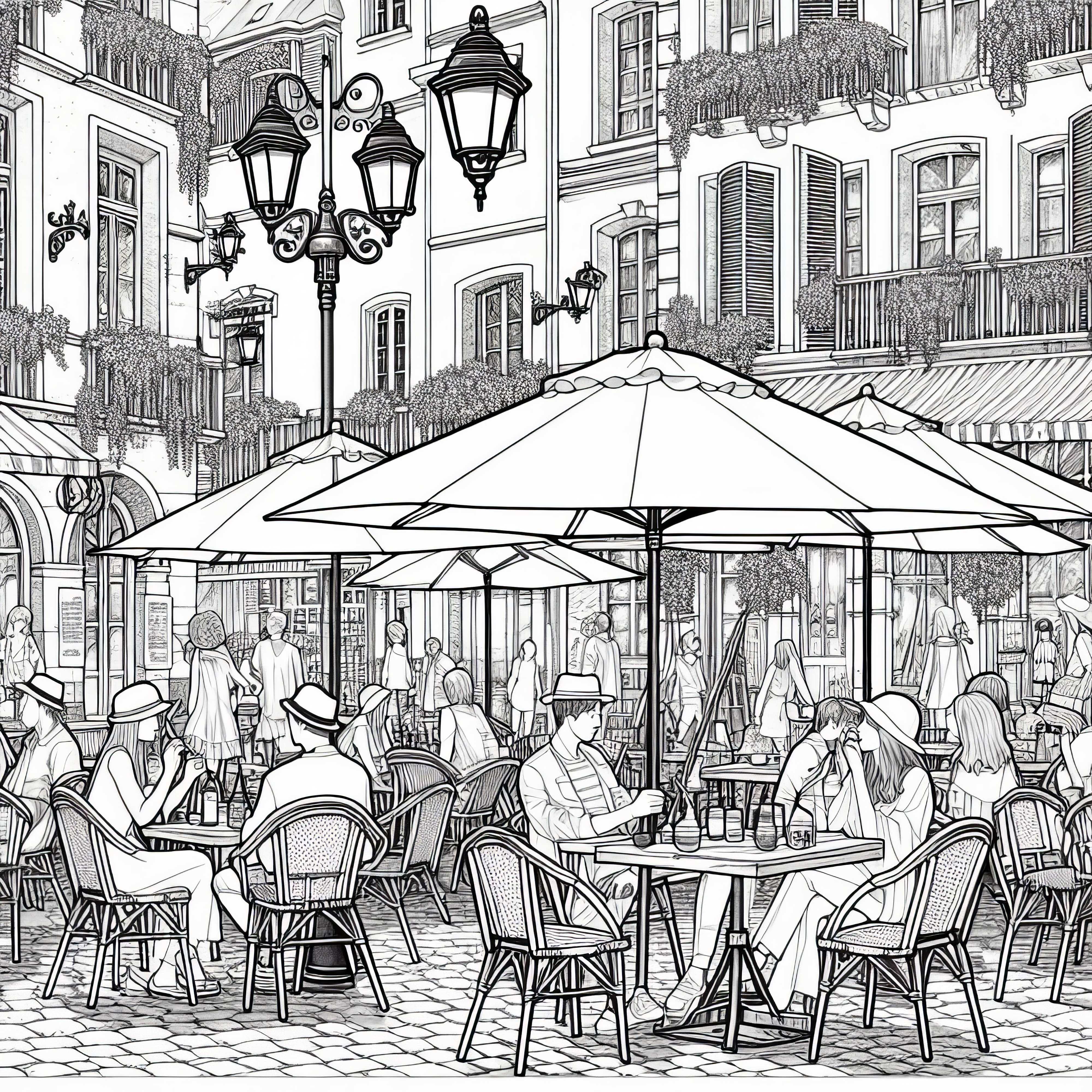 Croquis urbain d'un café de rue - Modèle à colorier pour adultes à télécharger gratuitement