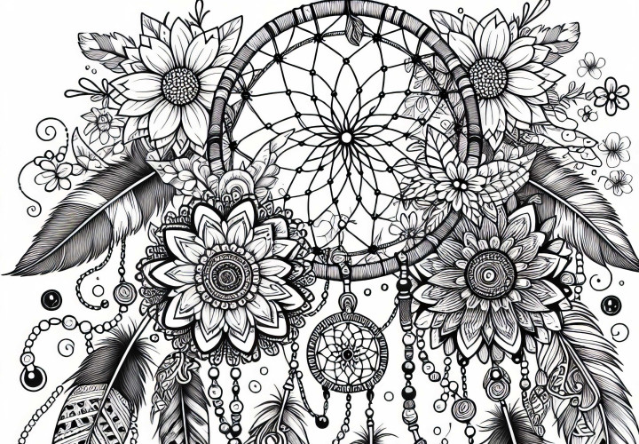 Attrape-rêves avec plumes, perles et fleurs – Image à colorier pour adultes gratuite
