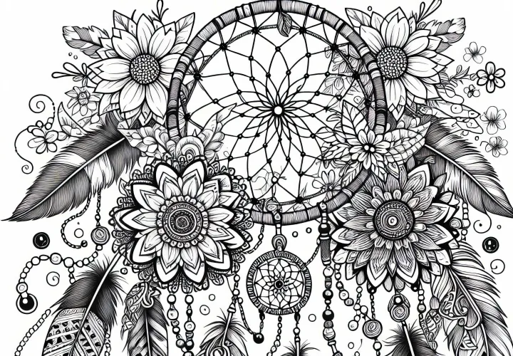 Attrape-rêves avec plumes, perles et fleurs – Image à colorier pour adultes gratuite