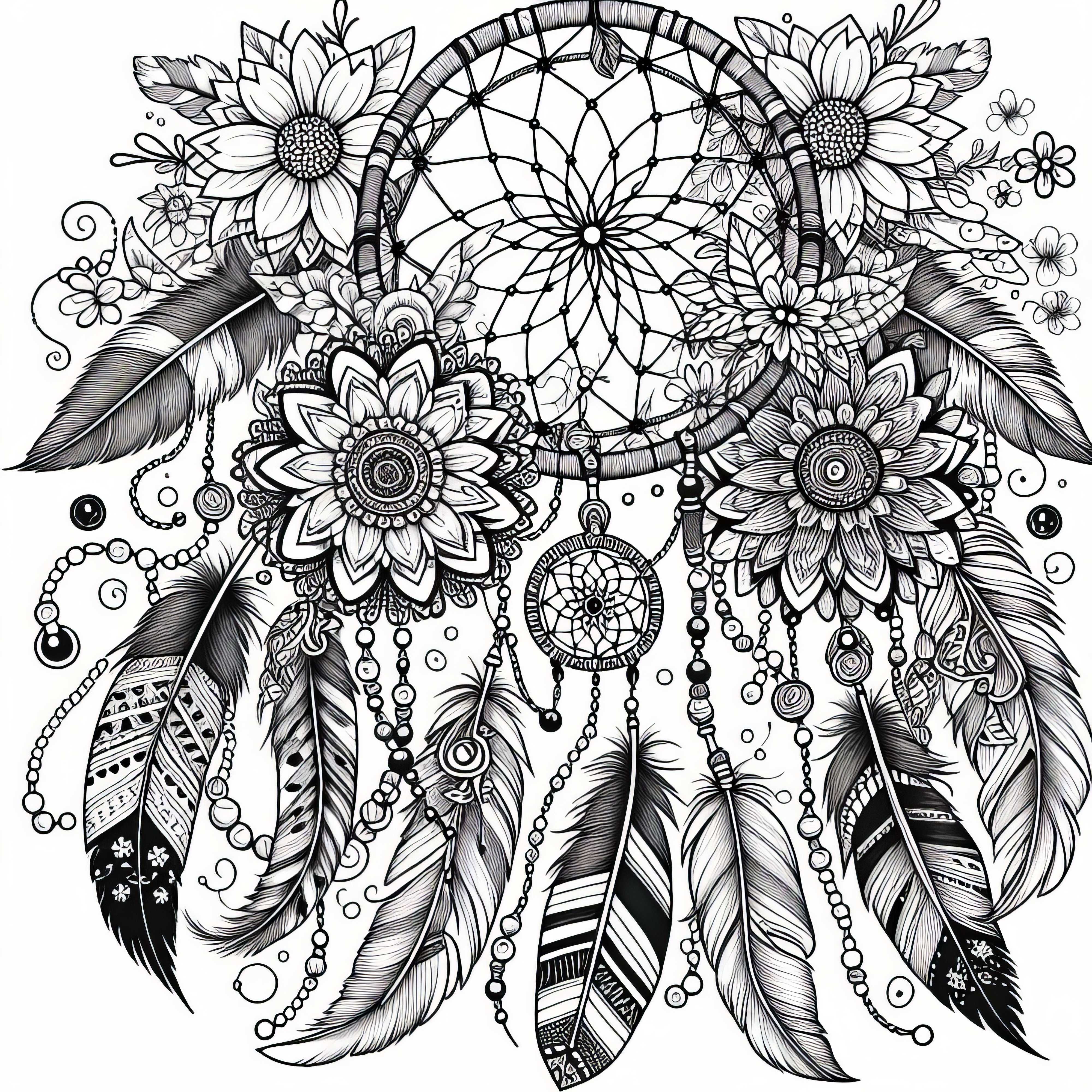 Attrape-rêves avec plumes, perles et fleurs – Dessin à colorier pour adultes gratuit