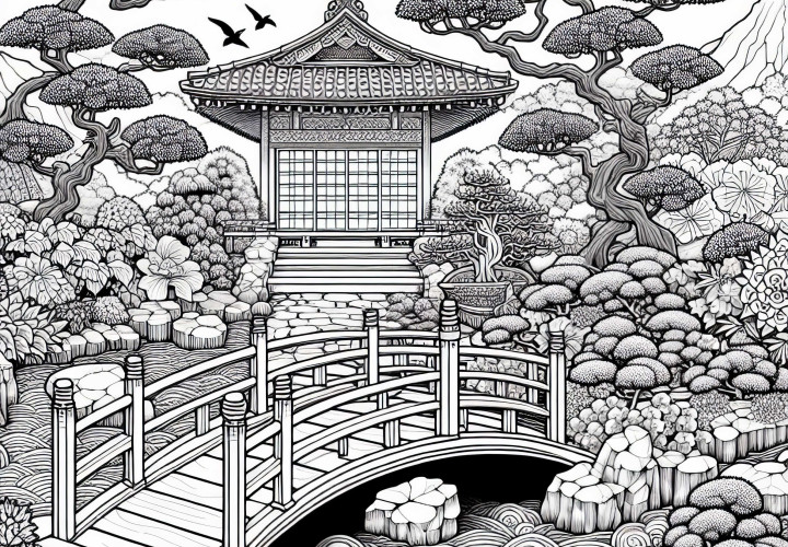 Jardin japonais avec pont - Image à colorier pour adultes gratuite
