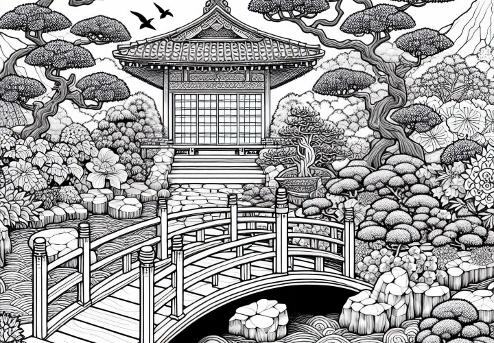 Jardin japonais avec pont - Image à colorier pour adultes gratuite