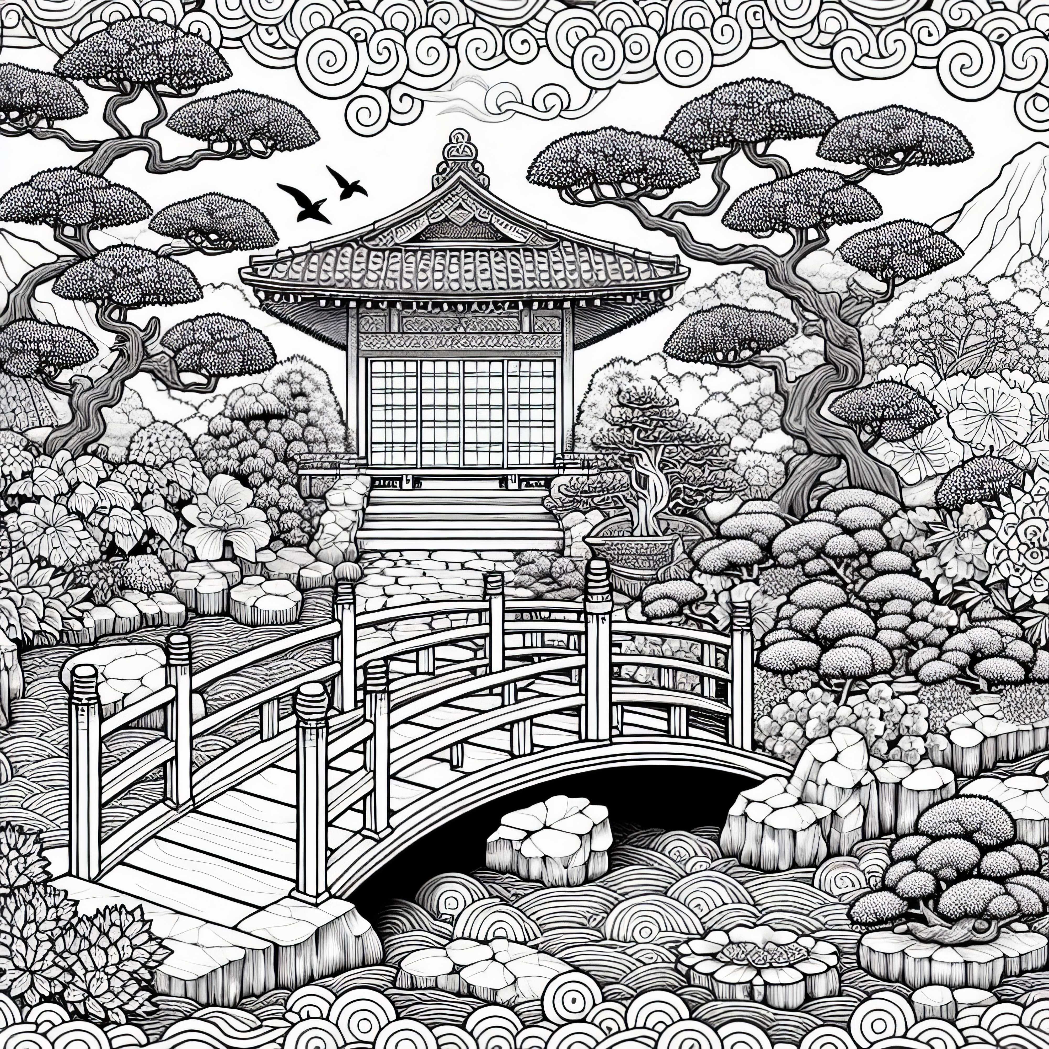 Jardin japonais avec pont - Image à colorier pour adultes gratuit