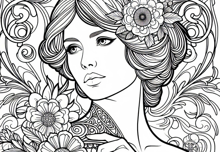 Art nouveau femme avec des ornements floraux – Image à colorier pour adultes gratuite