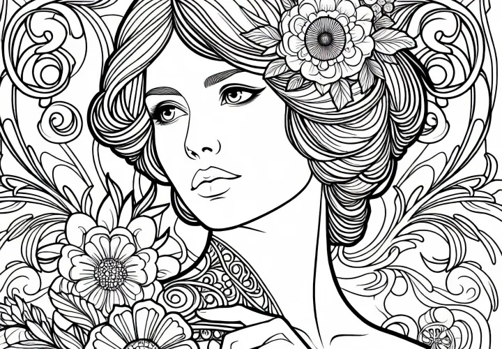 Art nouveau femme avec des ornements floraux – Image à colorier pour adultes gratuite