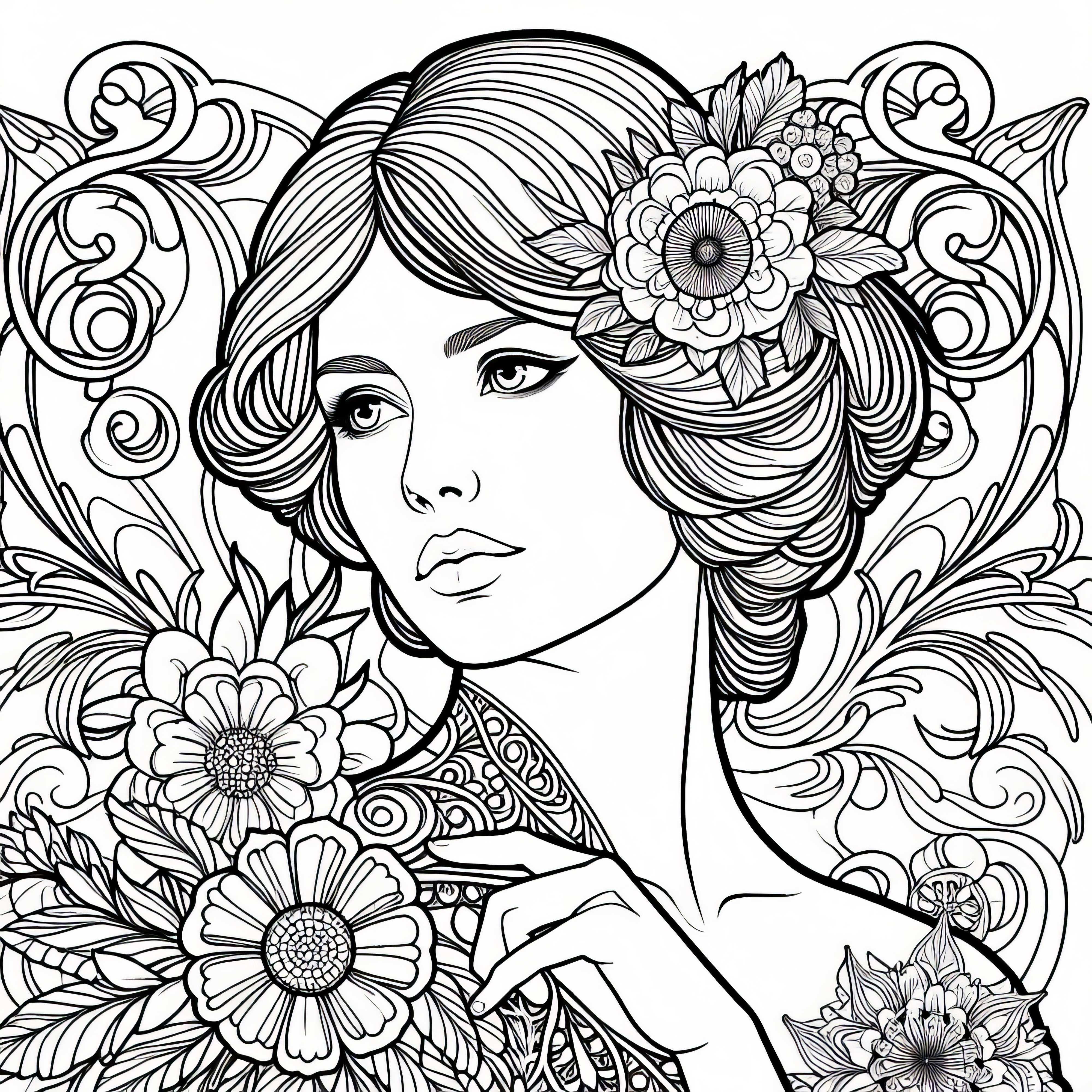 Art Nouveau Femme avec des ornements floraux - Dessin à colorier pour adultes gratuit