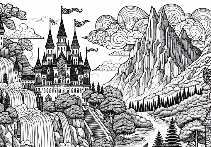 Paysage fantastique avec château et cascade - Dessin à colorier pour adultes