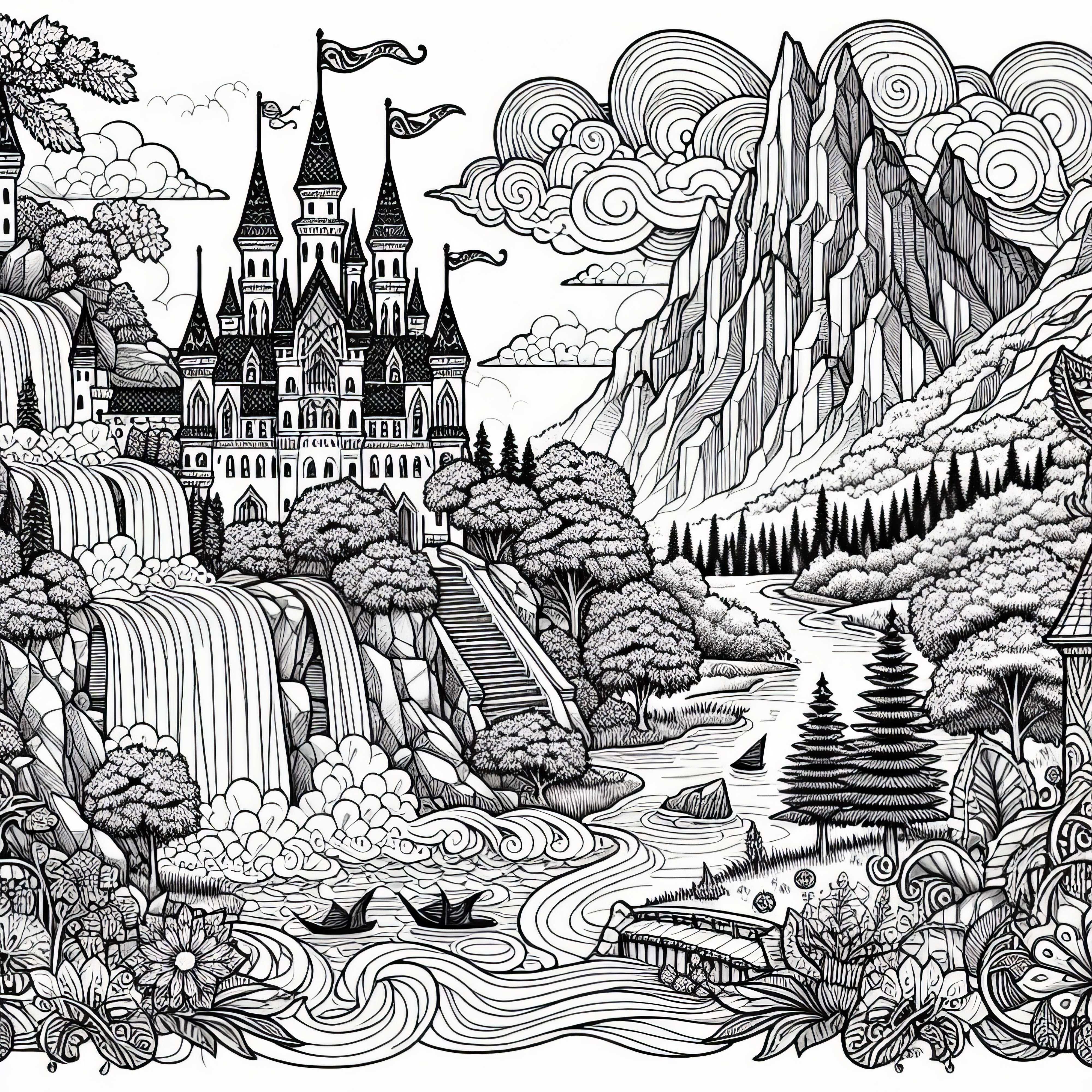 Paysage fantastique avec château et cascade – Image à colorier pour adultes