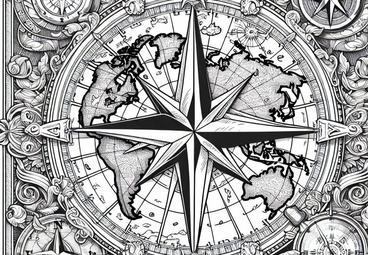 Ancienne carte du monde avec rose des vents à colorier pour adultes gratuitement