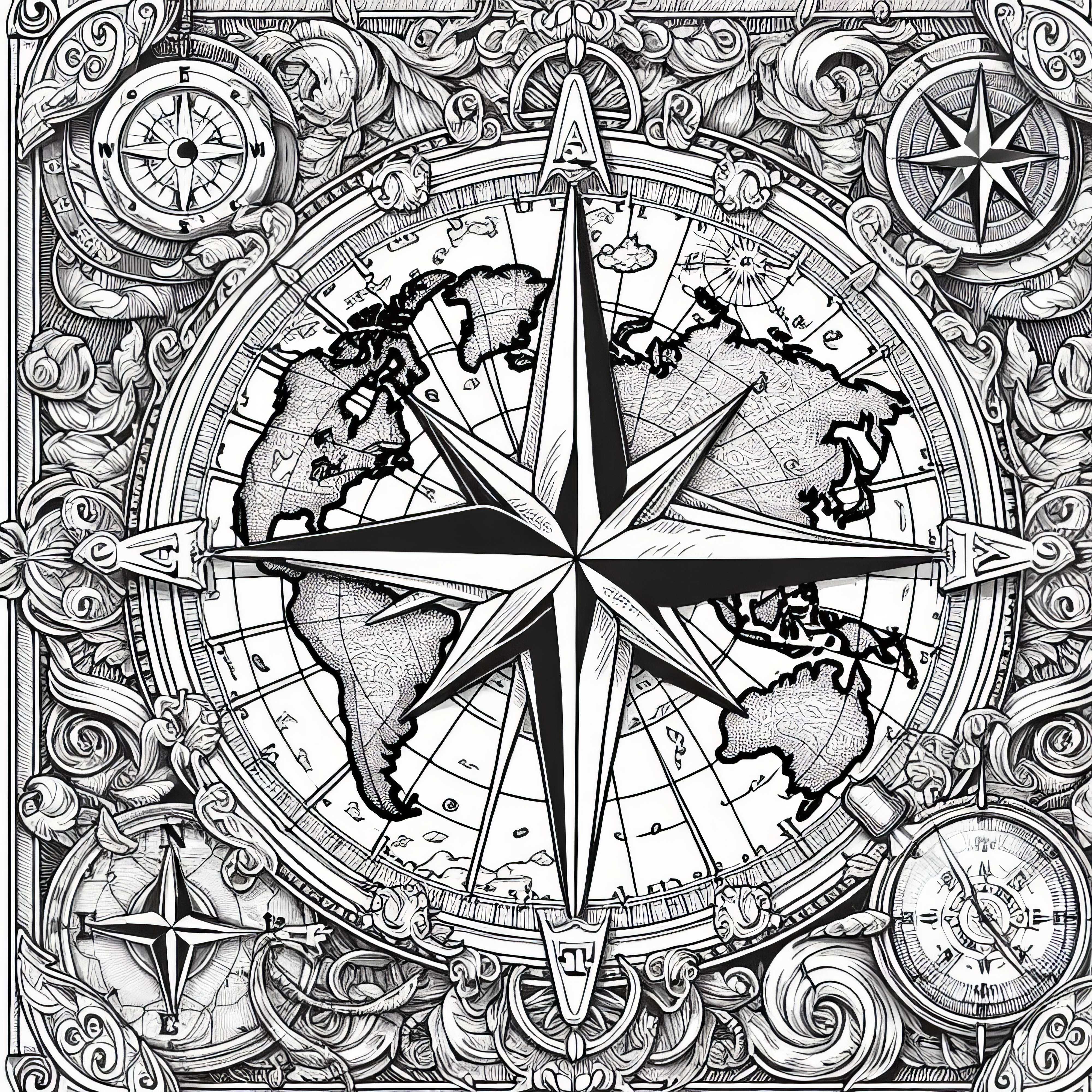 Ancienne carte du monde avec rose des vents à colorier pour adultes gratuitement