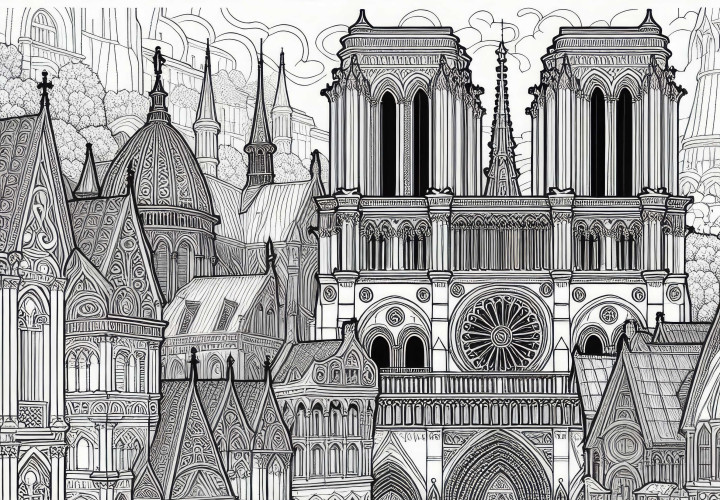 Vue architecturale de la cathédrale vieille ville coloriage pour adultes gratuit