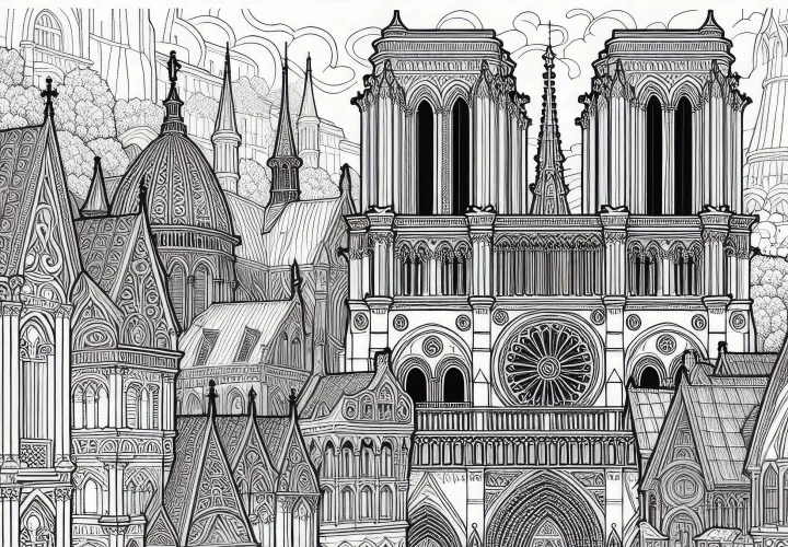 Vue architecturale de la cathédrale vieille ville coloriage pour adultes gratuit