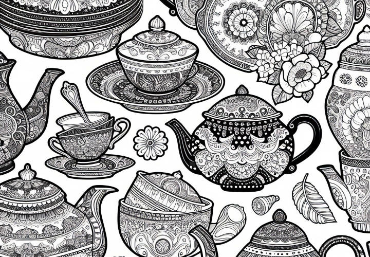 Illustrations de théières en porcelaine - modèle de coloriage pour adultes gratuit