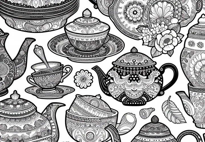 Illustrations de théières en porcelaine - modèle de coloriage pour adultes gratuit