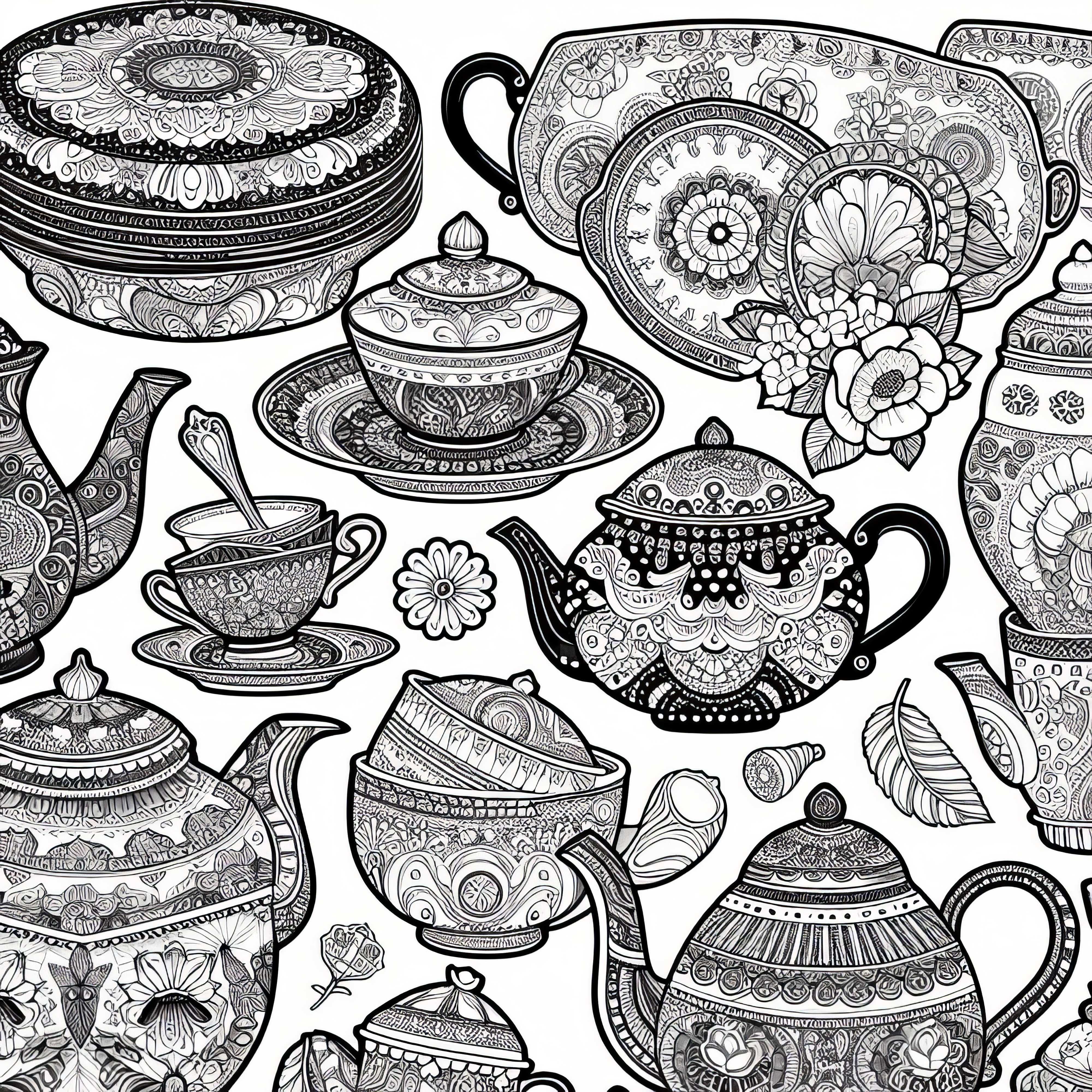 Illustrations de théières en porcelaine - modèle de coloriage gratuit pour adultes