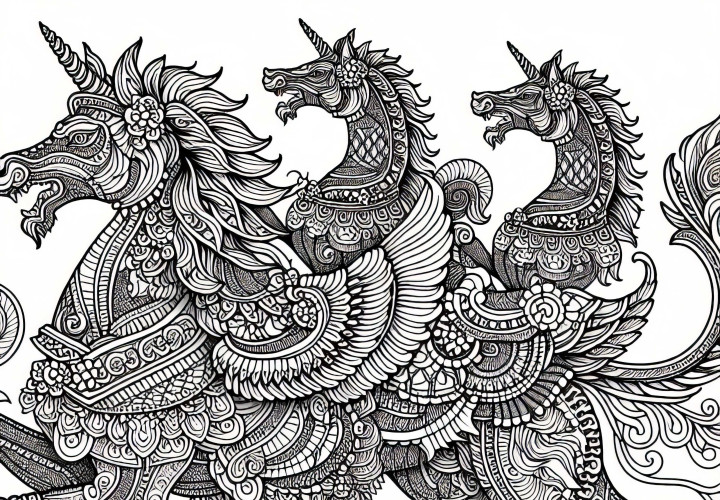 Créatures mythologiques avec motif de lignes fines – Image à colorier pour adultes gratuit