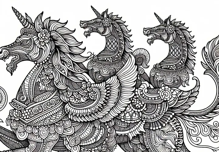 Créatures mythologiques avec motif de lignes fines – Image à colorier pour adultes gratuit