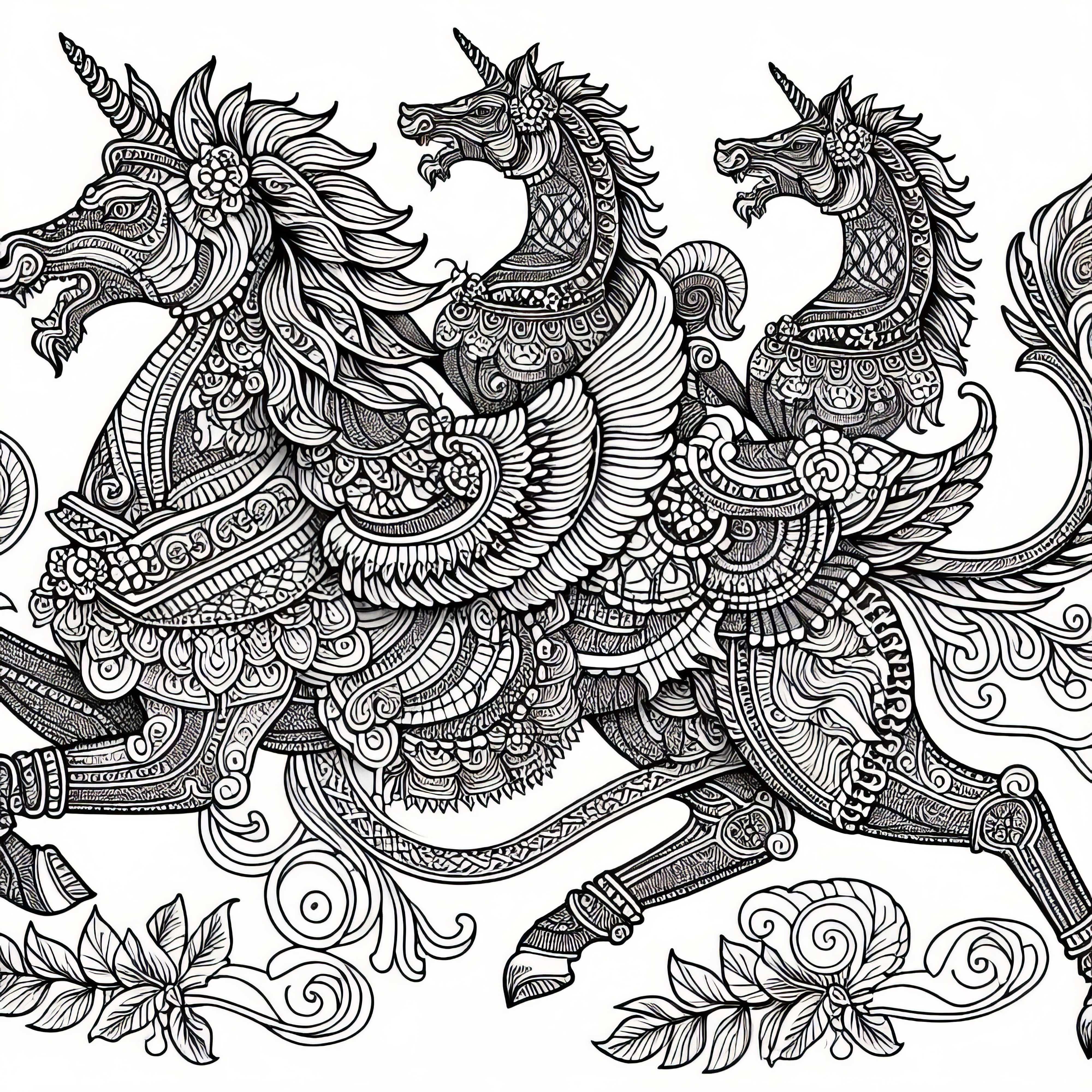 Créatures mythologiques avec un motif de lignes fines – Image à colorier pour adultes gratuite