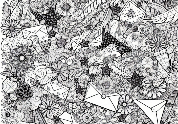Style collage avec des fleurs et des enveloppes – Image à colorier pour adultes gratuite