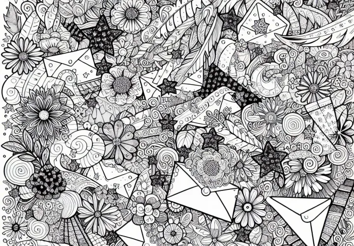 Style collage avec des fleurs et des enveloppes – Image à colorier pour adultes gratuite