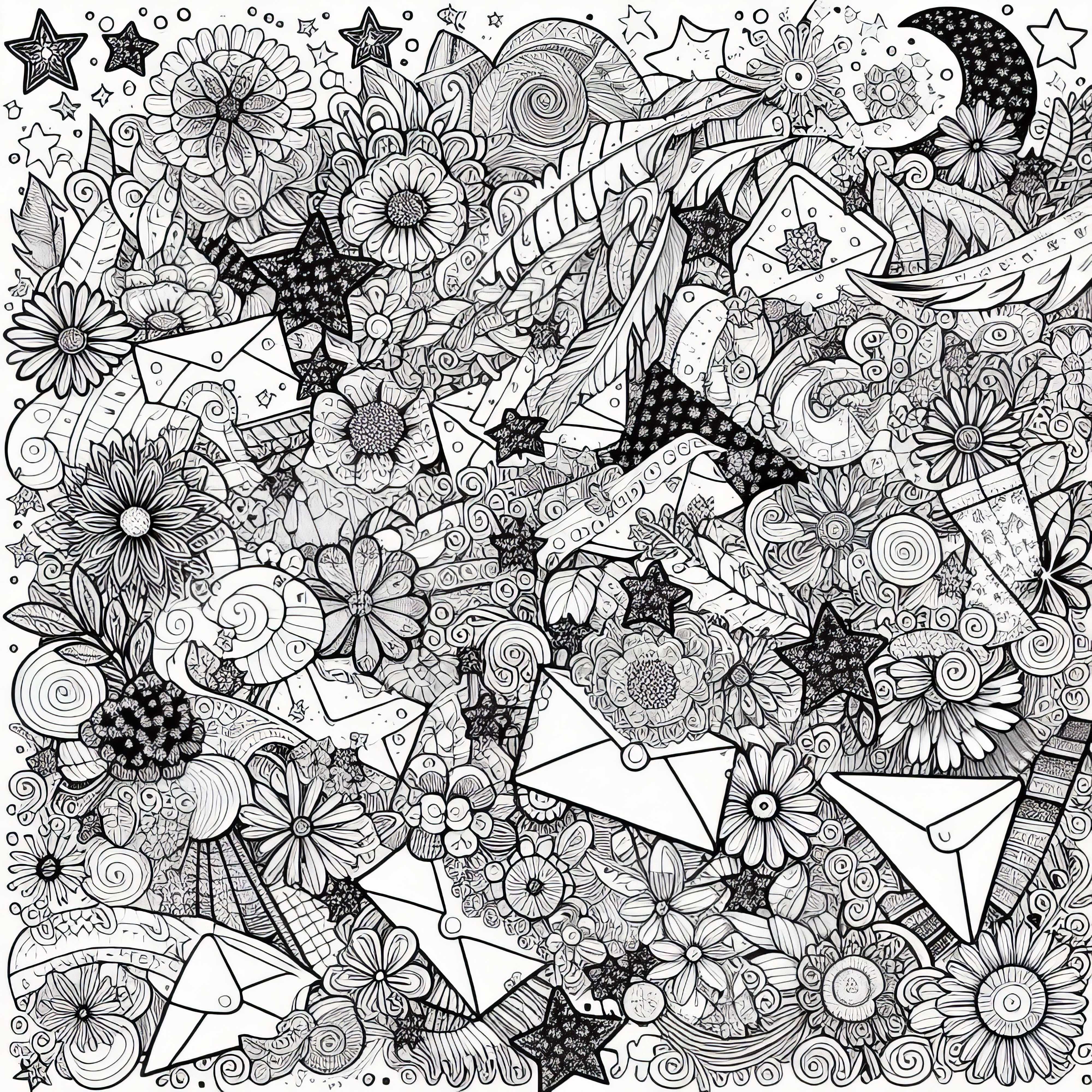 Style collage avec des fleurs et des enveloppes – Dessin à colorier gratuit pour adultes