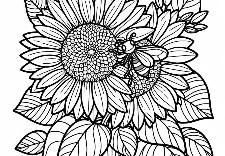 Solblomstblomst med bie – malemalingsmal for sommerblomster kan lastes ned gratis